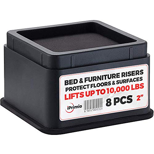  IPrimio Bed Risers - Square, 2 Inch Lift, Heavy Duty, 8 Pack, Up To 10000lbs - Bed Raising Blocks, Furniture Risers - Safe, Sturdy Bed Lifts For College Dorm Rooms, Couches, Tables, Desk Riser