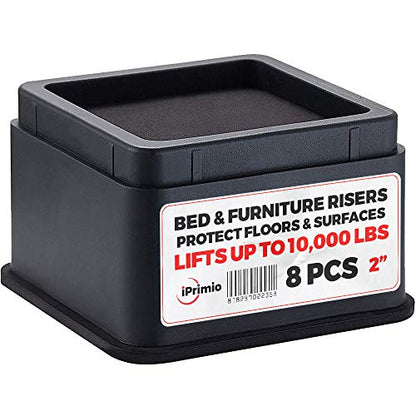  IPrimio Bed Risers - Square, 2 Inch Lift, Heavy Duty, 8 Pack, Up To 10000lbs - Bed Raising Blocks, Furniture Risers - Safe, Sturdy Bed Lifts For College Dorm Rooms, Couches, Tables, Desk Riser