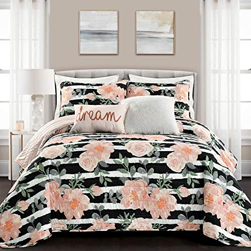  Lush Decor Amara Watercolor Rose 5 Piece Quilt Set, Black & Dusty Rose, King