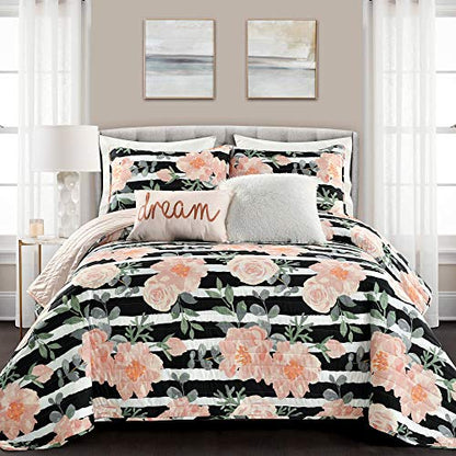  Lush Decor Amara Watercolor Rose 5 Piece Quilt Set, Black & Dusty Rose, King