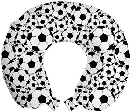  Ambesonne Soccer Travel Pillow Neck Rest, Monochrome Design Pattern Of Classical Football Balls Boys Cartoon Pattern, Memory Foam Traveling Accessory For Airplane And Car, 12", White Black