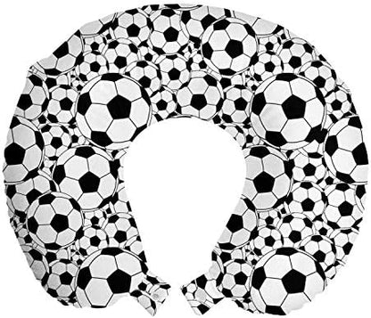  Ambesonne Soccer Travel Pillow Neck Rest, Monochrome Design Pattern Of Classical Football Balls Boys Cartoon Pattern, Memory Foam Traveling Accessory For Airplane And Car, 12", White Black