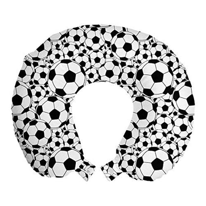  Ambesonne Soccer Travel Pillow Neck Rest, Monochrome Design Pattern Of Classical Football Balls Boys Cartoon Pattern, Memory Foam Traveling Accessory For Airplane And Car, 12", White Black