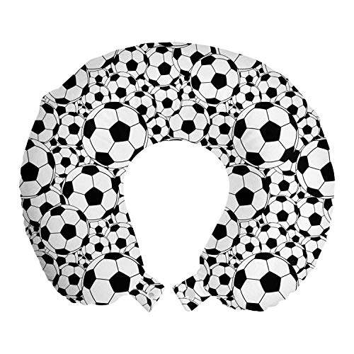  Ambesonne Soccer Travel Pillow Neck Rest, Monochrome Design Pattern Of Classical Football Balls Boys Cartoon Pattern, Memory Foam Traveling Accessory For Airplane And Car, 12", White Black