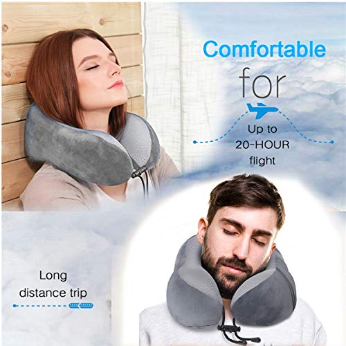  ENOTHEN Travel Pillow 100% Pure Memory Foam Neck Pillow With Machine Washable Cover, Airplane Travel Kit With 3D Contoured Eye Masks, Earplugs & Reusable Bag (Grey)