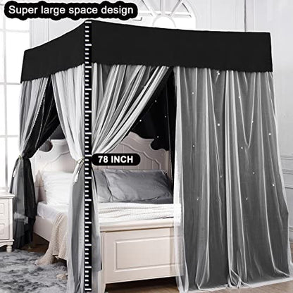  Tingxiu Romantic 4 Corner Post Blackout Bed Curtains With Sheer, Hollow-Out Stars Bed Canopy For Girls Boys Bedroom Decoration (Queen, Black-Hollow-Out Stars)
