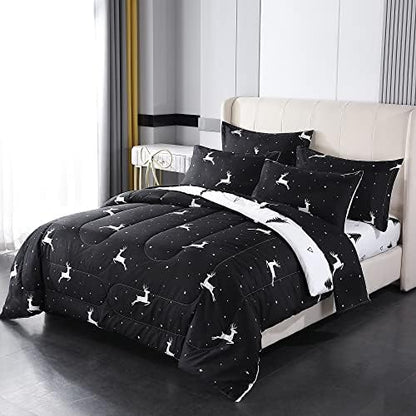  Mengersi Christmas Bed In A Bag 7-Pieces Comforter Sets,Christmas Deer Tree Comforter Set Bed Sheets,Pillow Shams, Flat Sheet, Fitted Sheet And Pillowcases,Black And White Bedding Sets(Deer,King)