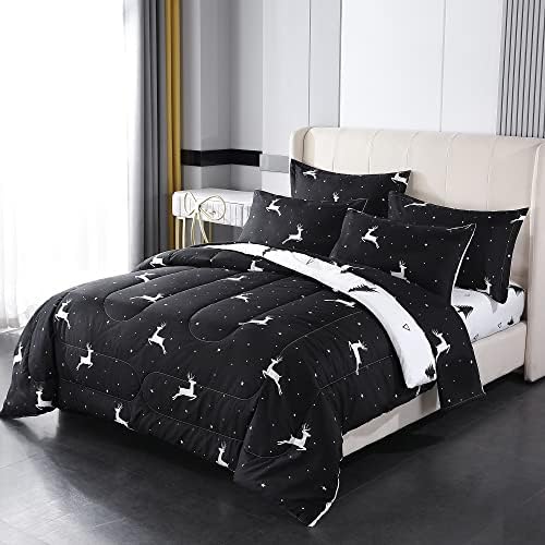  Mengersi Christmas Bed In A Bag 7-Pieces Comforter Sets,Christmas Deer Tree Comforter Set Bed Sheets,Pillow Shams, Flat Sheet, Fitted Sheet And Pillowcases,Black And White Bedding Sets(Deer,King)