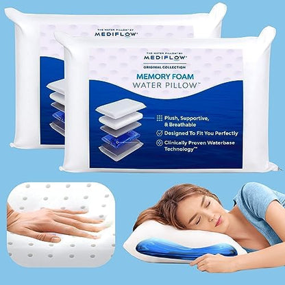  Mediflow Water Pillow Memory Foam Re-Invented With Waterbase Technology - Clinically Proven To Reduce Neck Pain & Improve Sleep Quality. (Single Pack)