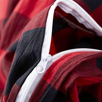  Wake In Cloud - Red Black Plaid Duvet Cover Set, 100% Washed Cotton Bedding, Buffalo Check Gingham Plaid Geometric Checker Pattern, With Zipper Closure (3pcs, Queen Size)