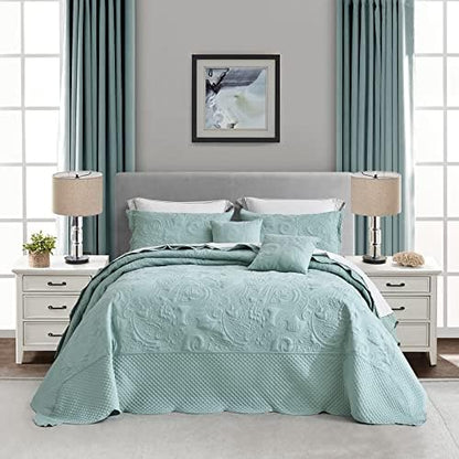  Oversized King Bedspread Aqua 128x120 Extra Wide, Paisley Pattern Design, Lightweight Bedding Cover, Reversible, 5 Piece, 100% Microfiber, King/Cal King, Seaglass