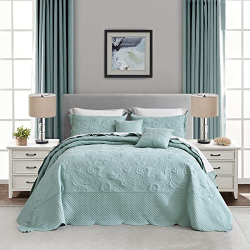  Oversized King Bedspread Aqua 128x120 Extra Wide, Paisley Pattern Design, Lightweight Bedding Cover, Reversible, 5 Piece, 100% Microfiber, King/Cal King, Seaglass