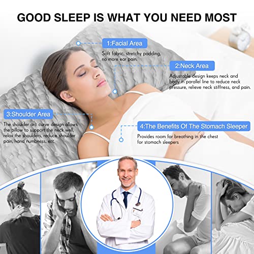  SNEINO Neck Pillows For Pain Relief Sleeping Queen Size - Shredded Memory Foam Pillows, Adjustable Bed Pillows For Back, Stomach And Side Sleeper, Extra Fill Included, CertiPUR-US/Oeko-TE（Grey）