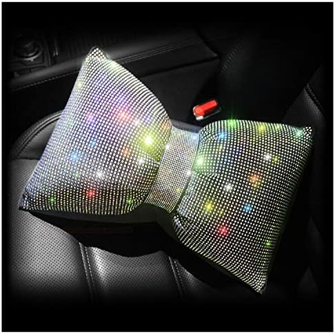  Happyera 1 Pack Bling Bling Rhinestones Bowknot Car Headrest Pillow, Crystal Lumbar Support Pillow, Neck Rest Pillow For Car, Head Neck Support For Pain Relief - White Waist Pillow