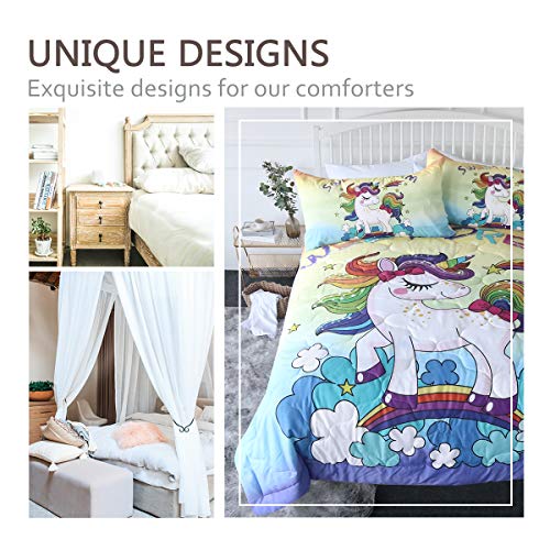  BlessLiving 3 Piece Unicorn Comforter Set With Pillow Shams Cartoon Unicorn Bedding Set With 3D Printed Designs Reversible Comforter Twin/Twin XL Size Bedding Sets, Rainbow