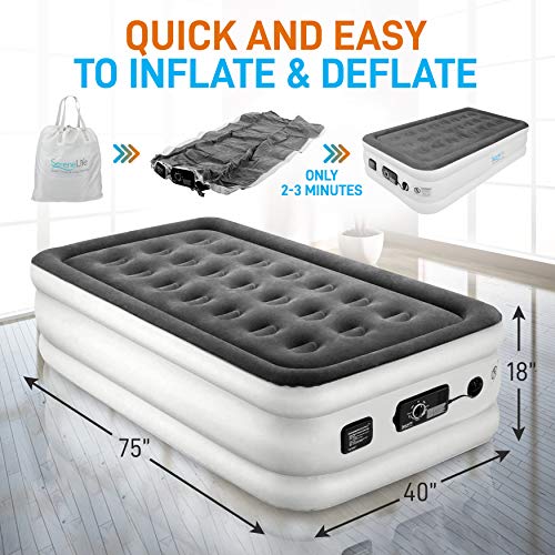  Serene Life Built In ComfortCoil Technology & Internal High Capacity Pump | Elevated Raised Air Mattress Quilt Top 1-Year Guarantee Twin Size, Gray