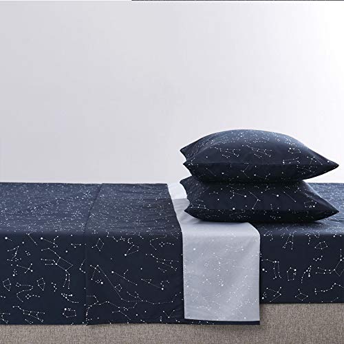  Wake In Cloud - Constellation Sheet Set, Navy Blue With White Space Stars Pattern Printed, Soft Microfiber Bedding (4pcs, Full Size)