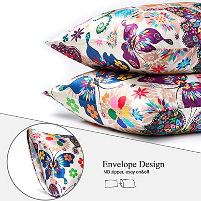  Satin Pillowcase For Hair And Skin,Pillowcases Standard Set Of 2,Silky Boho Pillow Covers 2 Pack Soft&Cozy Silk Satin Pillow Cases For Women 2 Pack With Envelope Closure(20x26,Butterfly)