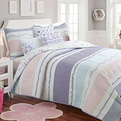  Cozy Line Home Fashions Pink Flower Lace Ruffle Stripe Shabby Chic Girl 100% Cotton Reversible Quilt Bedding Set, Coverlet, Bedspread (Pink Lace, Twin - 2 Piece: 1 Quilt + 1 Sham)