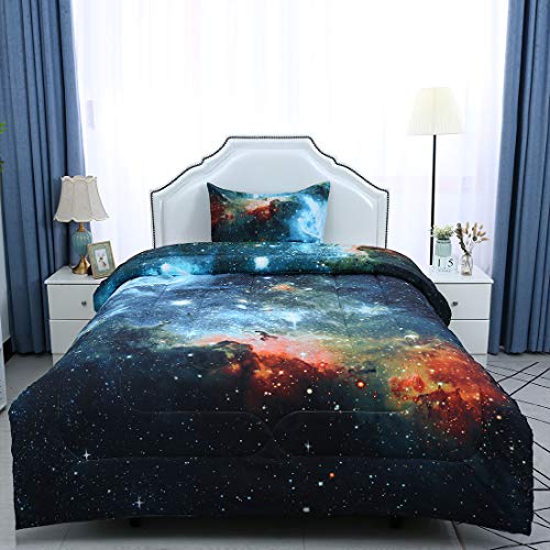  Twin Comforter Sets 2-Piece Galaxies Blue - 3D Space Themed - All-Season Down Alternative Quilted Duvet - Reversible Design - Includes 1 Comforter, 1 Pillow Case