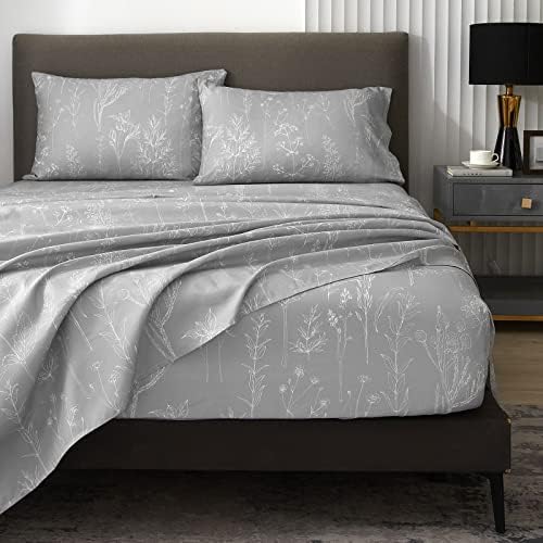  Floral Bed Sheets King Size, 18 Inches Deep Pocket Sheets 1800 Thread Count, Black And White Leaf Sheet Set Soft Breathable Cute Aesthetic Sheets Shabby Chic Bed Sheets,Oeko-Tex Certificated