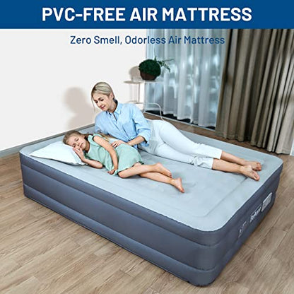  PVC-Free Air Mattress Queen With Built-in Pump, One Button Inflation And Auto Stop, 720 LB Support Airtight Airbed, 15 Inches Odorless Queen Mattress For Office, Homestay, Outdoor Camping