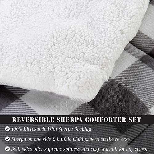  Elegant Comfort 3-Piece Buffalo Lodge-Plaid Comforter Set, Luxurious, Heavyweight, All Season, Down Alternative-Micromink Sherpa-Backing Reversible Micro-Suede, Soft And Plush, Queen, Gray/White