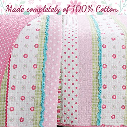  Cozy Line Home Fashions Pink Ruffle Flowers Polka Dot Girl 100% Cotton Reversible Quilt Bedding Set, Coverlet, Bedspread For All Seasons (Twin - 2 Piece)