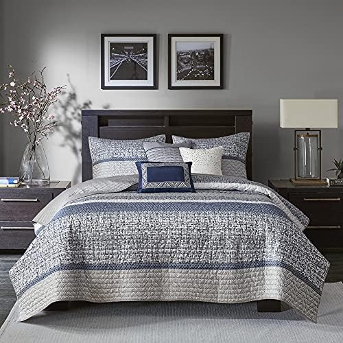  Quilt Set Luxurious Jacquard Stripes Design - All Season, Coverlet Bedspread Lightweight Bedding Layer, Shams, Decorative Pillow, Full/Queen(90"x90"), Floral Blue 5 Piece