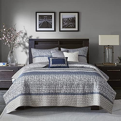  Quilt Set Luxurious Jacquard Stripes Design - All Season, Coverlet Bedspread Lightweight Bedding Layer, Shams, Decorative Pillow, Full/Queen(90"x90"), Floral Blue 5 Piece