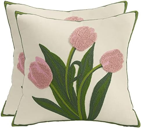  Tosleo Farmhouse Pink Tulip Embroidered Decorative Throw Pillow Covers 18x18 Set Of 2 Flowers Tufted Pillow Cushion Cases Square Floral Cotton Pillowcases For Wedding Sofa Couch Bedroom Living Room