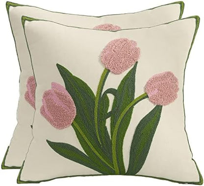  Tosleo Farmhouse Pink Tulip Embroidered Decorative Throw Pillow Covers 18x18 Set Of 2 Flowers Tufted Pillow Cushion Cases Square Floral Cotton Pillowcases For Wedding Sofa Couch Bedroom Living Room