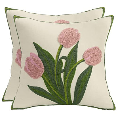  Tosleo Farmhouse Pink Tulip Embroidered Decorative Throw Pillow Covers 18x18 Set Of 2 Flowers Tufted Pillow Cushion Cases Square Floral Cotton Pillowcases For Wedding Sofa Couch Bedroom Living Room