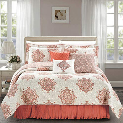  Home Soft Things Chelsea Printed Microfiber Quilts Coverlet Set Queen 90" X 90" Coral 6 Piece Bedding Set With Matching Shams Pillows, Medallion Design Soft Reversible Bedspread