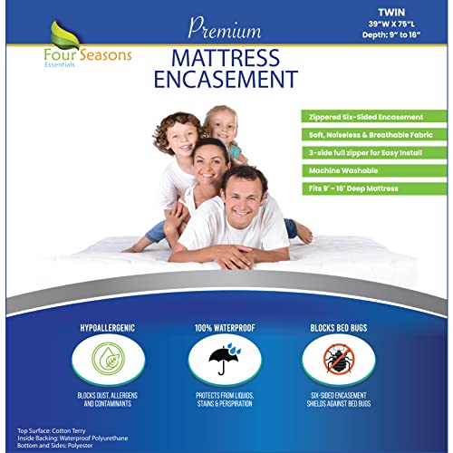  Mattress Protector Twin Size - Zippered Waterproof Mattress Cover - Hypoallergenic Dust Allergen Proof Encasement - Deep Pocket Cotton Terry Top White