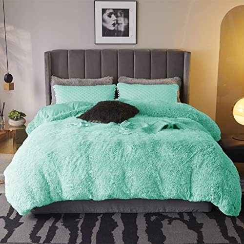  3pc Fluffy Plush Shaggy Duvet Cover Faux Fur Fluffy Comforter Bed Sets Ultra Soft Velvet Bedding Sets (1 Faux Fur Duvet Cover + 2 Pompoms Fringe Pillowcases) Zipper Closure Dark Grey, King