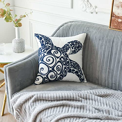  DECOPOW Embroidered Cute Nautical Animal Pillow Cover,Square 18 Inches Decorative Canvas Pillow Cover For Nautical Style Deco By (Navy-Sea Turtle)