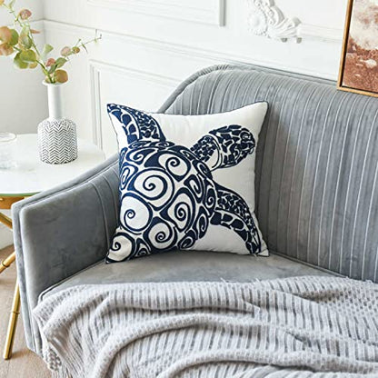  DECOPOW Embroidered Cute Nautical Animal Pillow Cover,Square 18 Inches Decorative Canvas Pillow Cover For Nautical Style Deco By (Navy-Sea Turtle)
