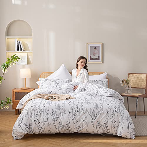  JANZAA 3pcs White Comforter Set, Soft Microfiber Bedding Plant Flowers Printed Comforter With 2 Pillow Cases For All Seasons(Queen)