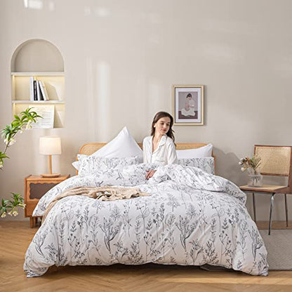  JANZAA 3pcs White Comforter Set, Soft Microfiber Bedding Plant Flowers Printed Comforter With 2 Pillow Cases For All Seasons(Queen)