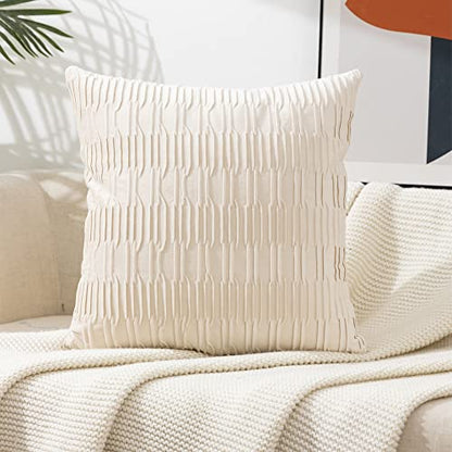  ETASOP 2Pack White Velvet Pillow Covers With Wave Striped Decorative, Luxury Soft Cushion Cases For Farmhouse Couch Sofa Living Room,18x18 Inches