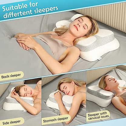  VIEWALL Cervical Pillow For Neck Pain Relief, Ergonomic Memory Foam Pillows Contour Orthopedic Neck Support Pillows For Side, Back And Stomach Sleepers (White & Grey, Standard Size)