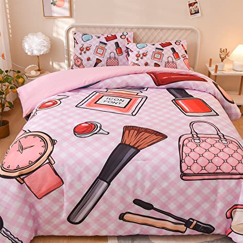  Aimuan Pink Comforter Set Cosmetic And Makeup Theme Quilt Set With Perfume Bag Lipstick Nail Polish Pattern Decorative Quilted 3 Pcs Bedding Set With 2 Pillowcases (Pink, Queen)