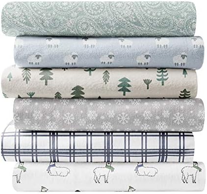  Flannel Sheet Set Cotton Soft Warm & Cozy Modern Chic With Elastic Deep Pockets, Queen, Sheep Light Blue