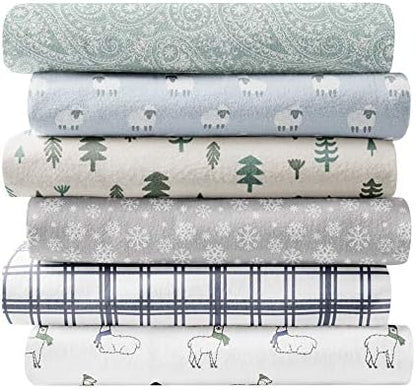  Flannel Sheet Set Cotton Soft Warm & Cozy Modern Chic With Elastic Deep Pockets, Queen, Sheep Light Blue