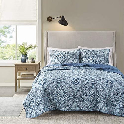  Reversible Quilt Set-Vermicelli Stitching Design All Season, Lightweight, Coverlet Bedspread Bedding, Matching Shams, Twin/Twin XL (66 In X 90 In), Gloria Damask Aqua 2 Piece