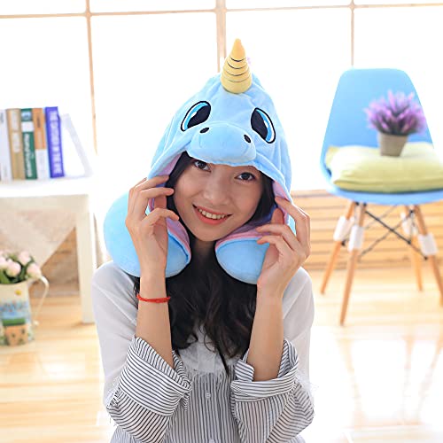  HOIIME Unicorn Travel Pillow With Hoodie,Adults & Kids Hooded Neck Pillow,Plush Animal U Shaped Cushion With Cute Sleep Mask For Airplane Travel (Blue)