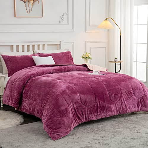  Faux Fur Twin Comforter, Cozy Fluffy Fuzzy Bed Comforter, Easy Care And Machine Washable, Plush Comforter Suit For All Season (Twin, Pink Bean Paste)