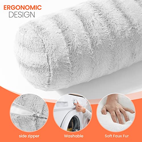  Cheer Collection Set Of 2 Faux Fur Bolster Pillows, Decorative Roll Pillow For Couch With Removable Washable Cover, Cylinder Neck Pillows For Bed, Chair Or Sofa, 8” X 24” Inch, White