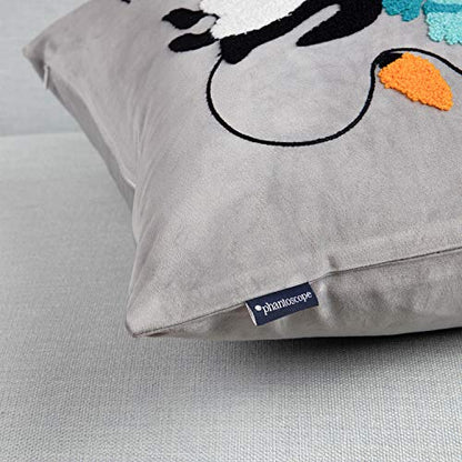  Phantoscope Set Of 4 Merry Christmas Decorative Velvet Throw Pillow Covers Xmas Cushion Cover With Embroidered Lantern, Penguin, Bear, Snowflake For Couch Sofa Bed, Blue, 18 X 18 Inches